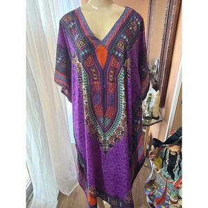 California Woman Purple Dashiki Kaftan Maxi Dress Free Size Boho Lounger